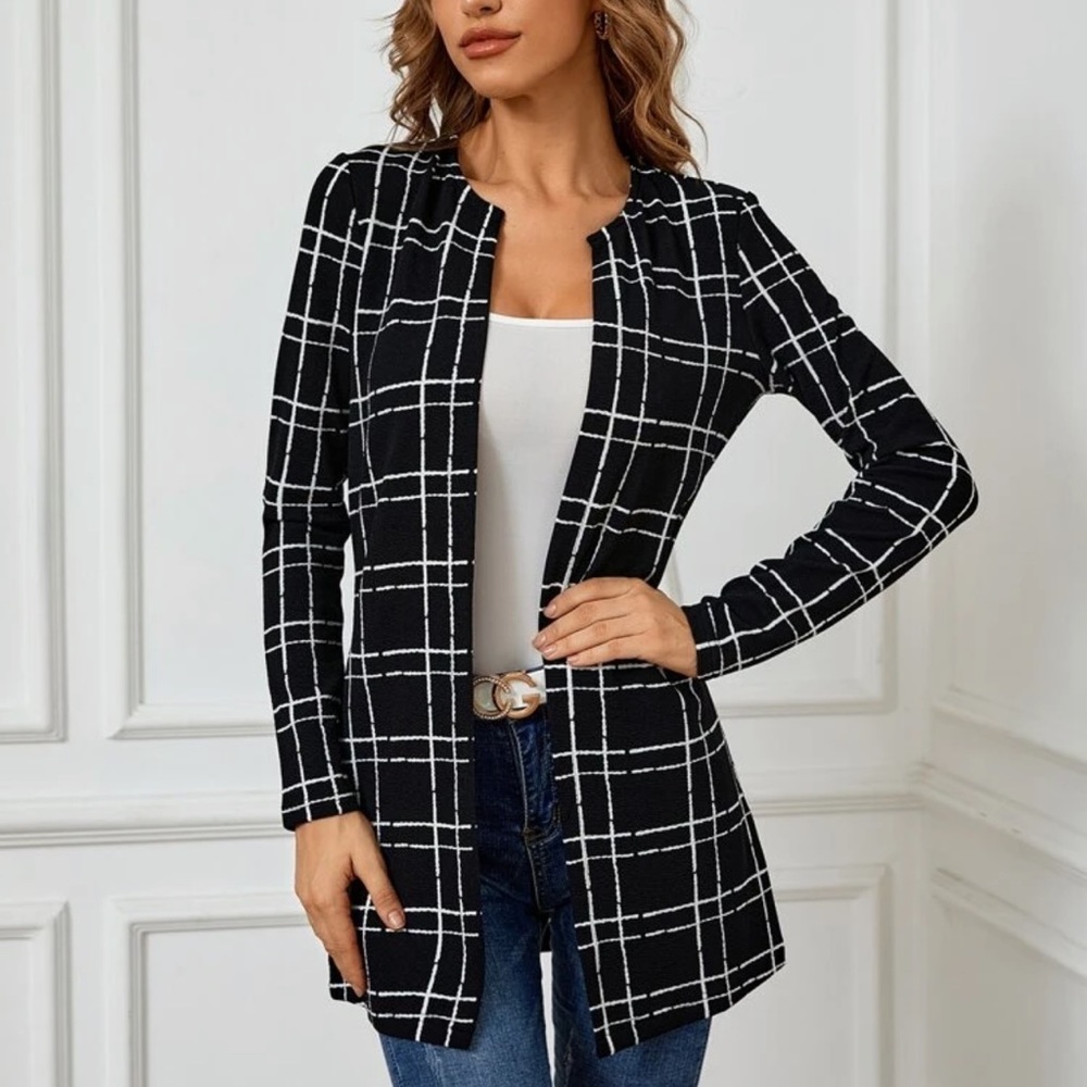 Minimalist neutral blazer collarless plaid black white jacket
